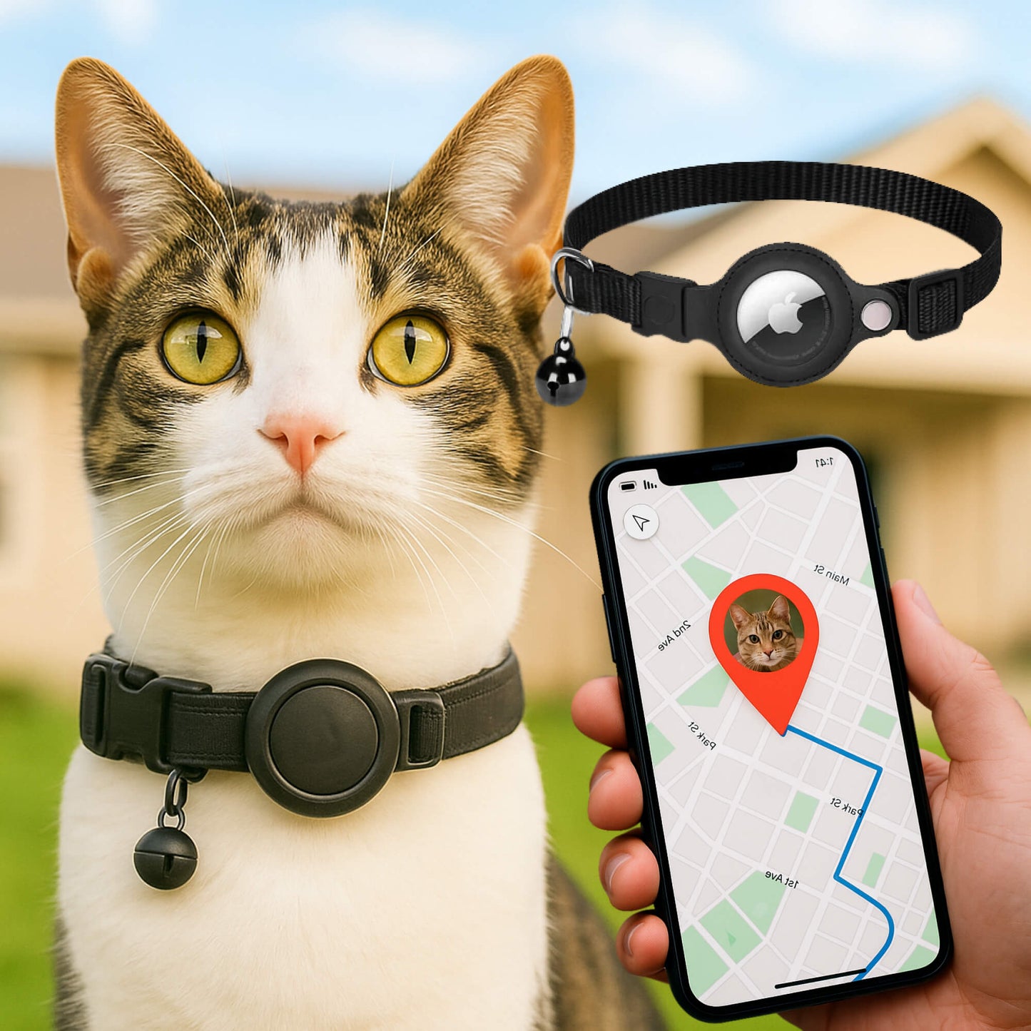 "Collare GPS riflettente per gatti con chiusura rapida, colori vivaci, design leggero per sicurezza e visibilità notturna."