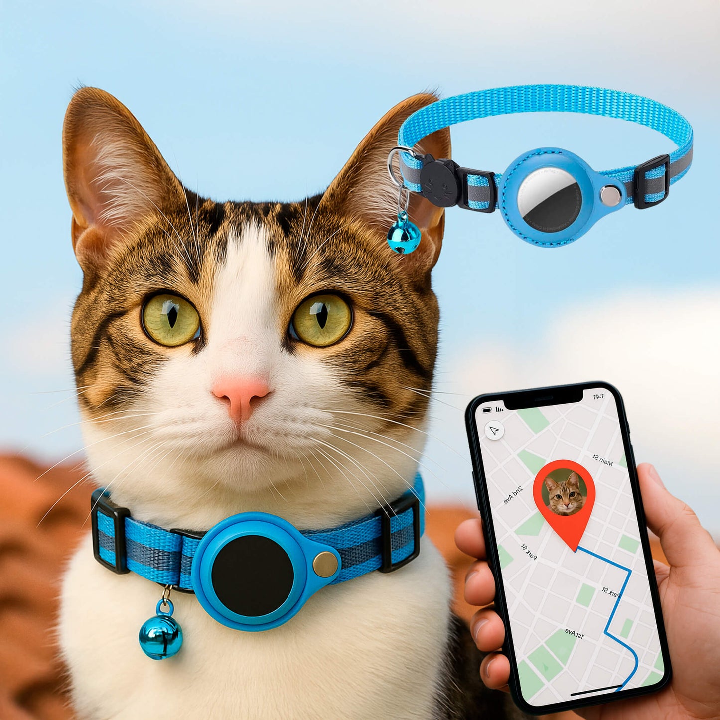 "Collare GPS riflettente per gatti con chiusura rapida, colori vivaci, design leggero per sicurezza e visibilità notturna."
