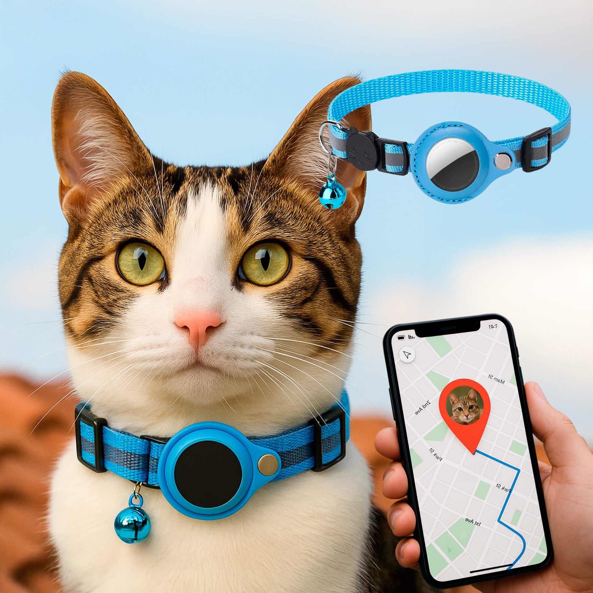 "Collare GPS riflettente per gatti con chiusura rapida, colori vivaci, design leggero per sicurezza e visibilità notturna."