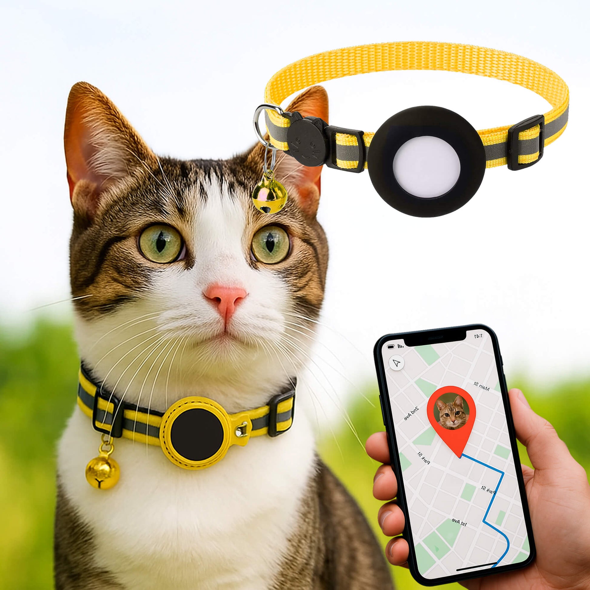 "Collare GPS riflettente per gatti con chiusura rapida, colori vivaci, design leggero per sicurezza e visibilità notturna."