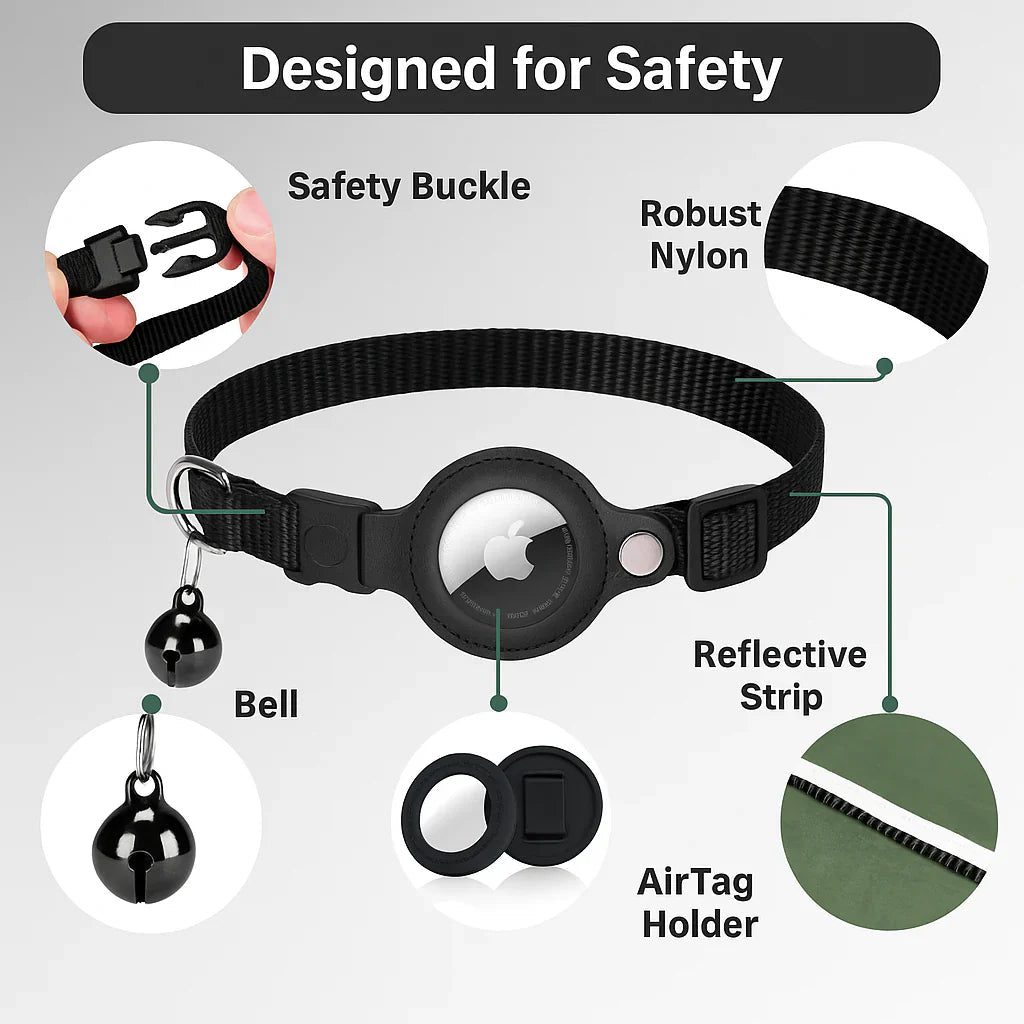 "Collare GPS riflettente per gatti con chiusura rapida, colori vivaci, design leggero per sicurezza e visibilità notturna."