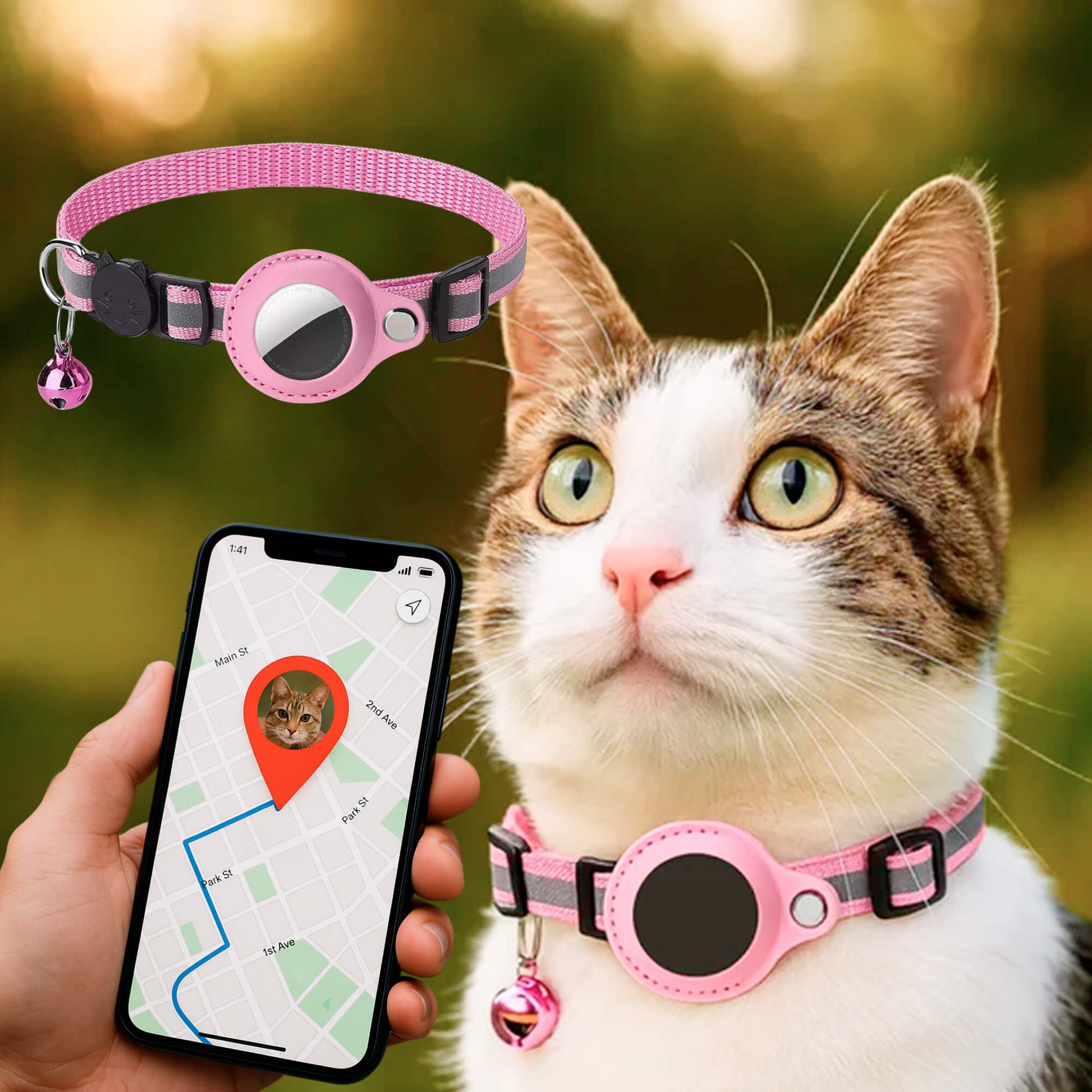 "Collare GPS riflettente per gatti con chiusura rapida, colori vivaci, design leggero per sicurezza e visibilità notturna."