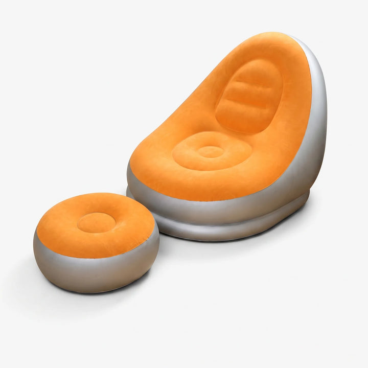 Close-up of the durable, blue inflatable lounge chair fabric and matching footrest.