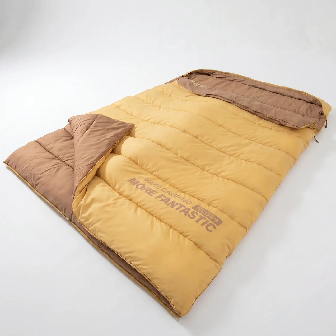 Warm, insulated 2-person double sleeping bag for four-season camping. Ideal for cold outdoor nights & travel.