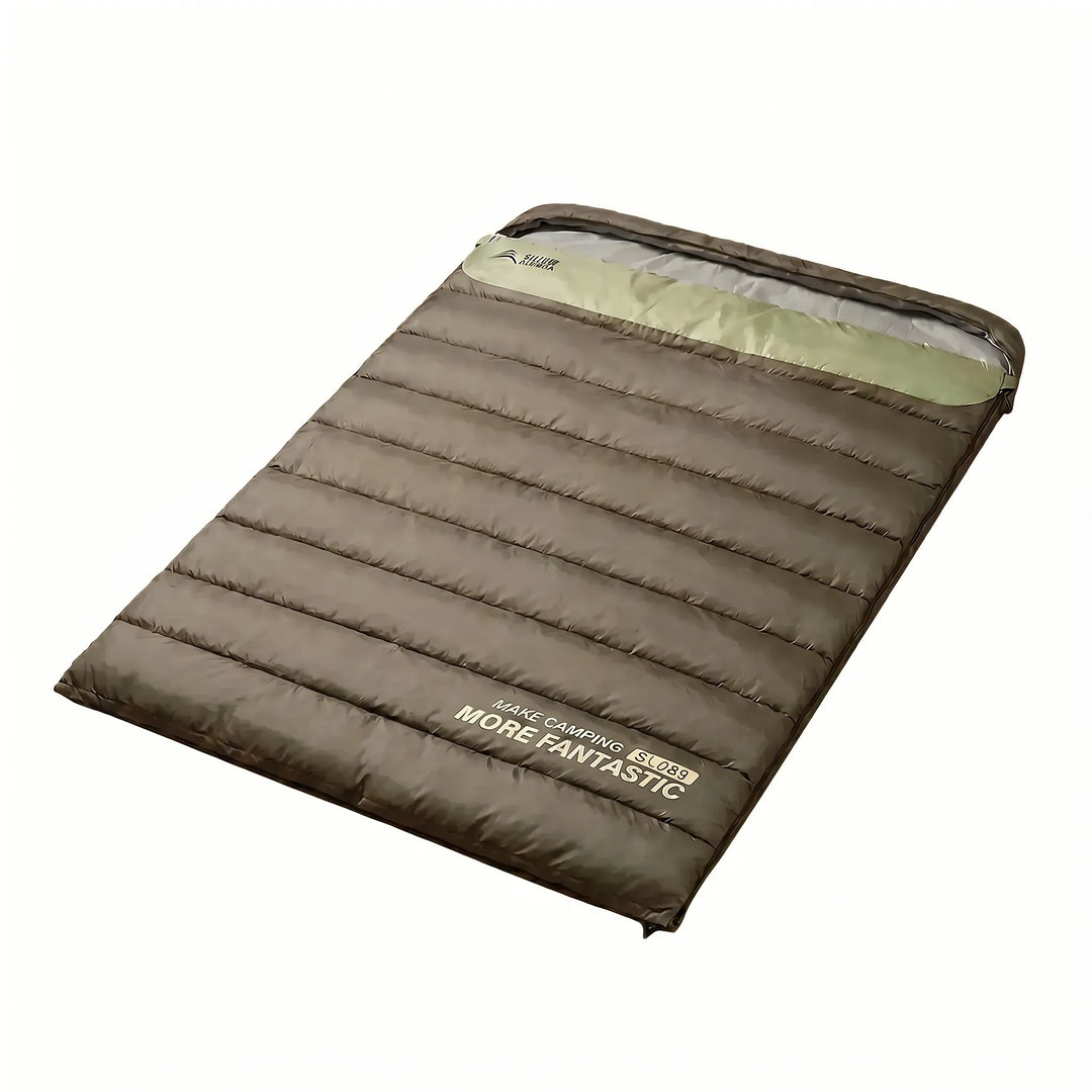 Four-season insulated double sleeping bag for 2, providing ultimate warmth & comfort for any camping trip.