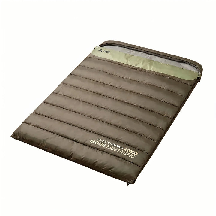 Four-season insulated double sleeping bag for 2, providing ultimate warmth & comfort for any camping trip.