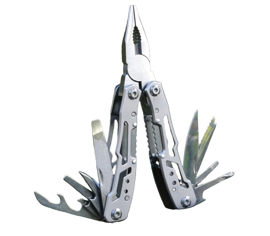 Compact 14-in-1 multitool, stainless steel, for camping, hiking, and survival gear