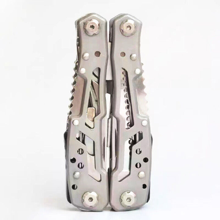 Closed compact multitool, stainless steel, ideal survival gear and camping tool