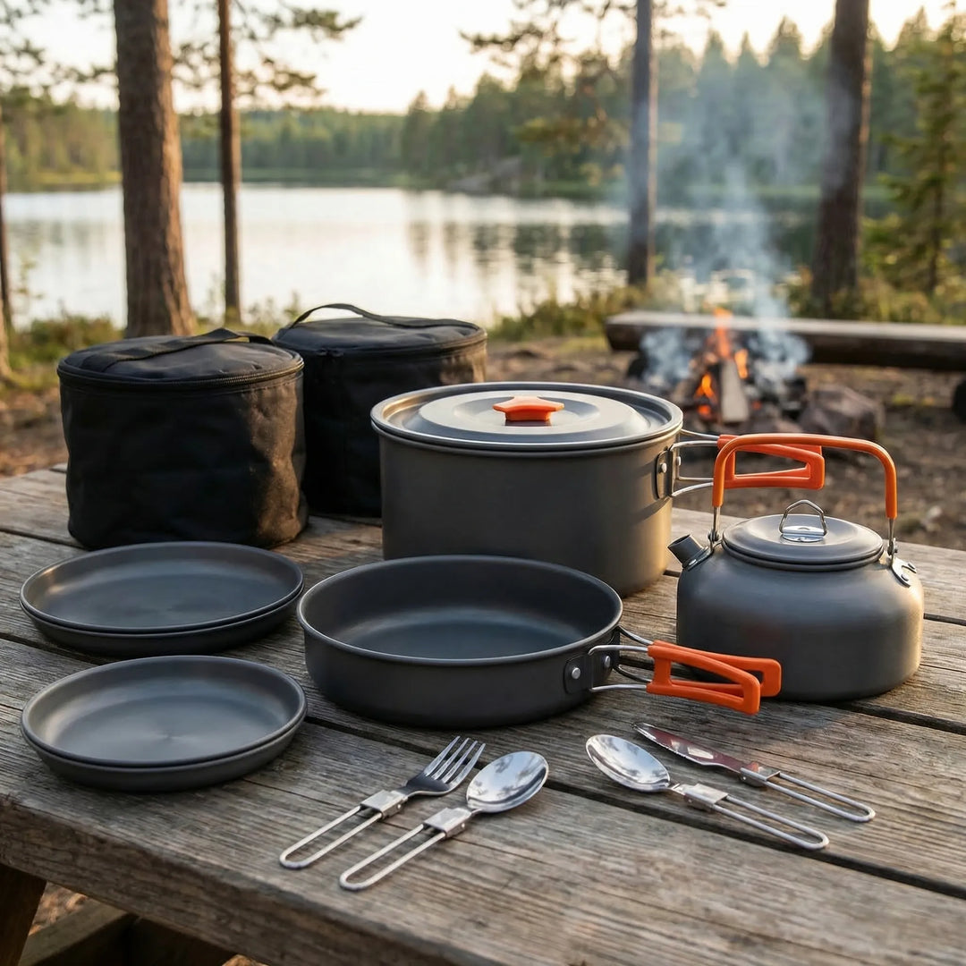 Compact 16-piece nesting camping cookware set for outdoor cooking. Perfect backpacking & hiking gear.