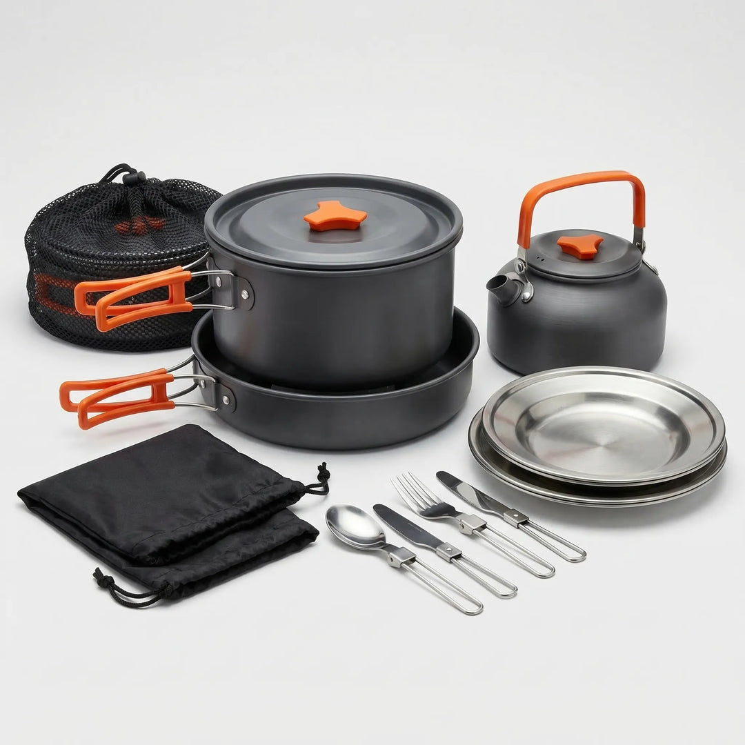 Durable 16-piece camp kitchen set with pots, pans, & utensils for outdoor cooking & travel.