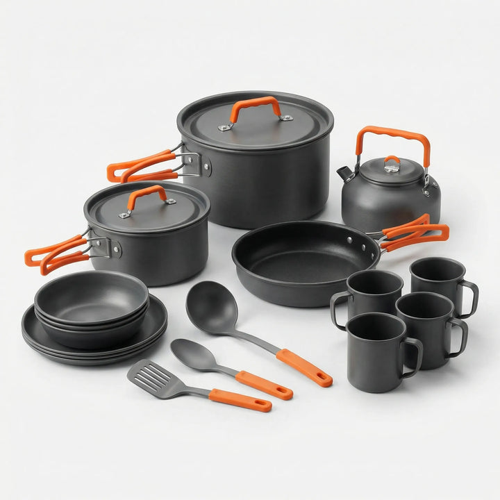 Portable 16-piece nesting camping cookware set, ideal travel cooking & camp kitchen solution for outdoor adventures.