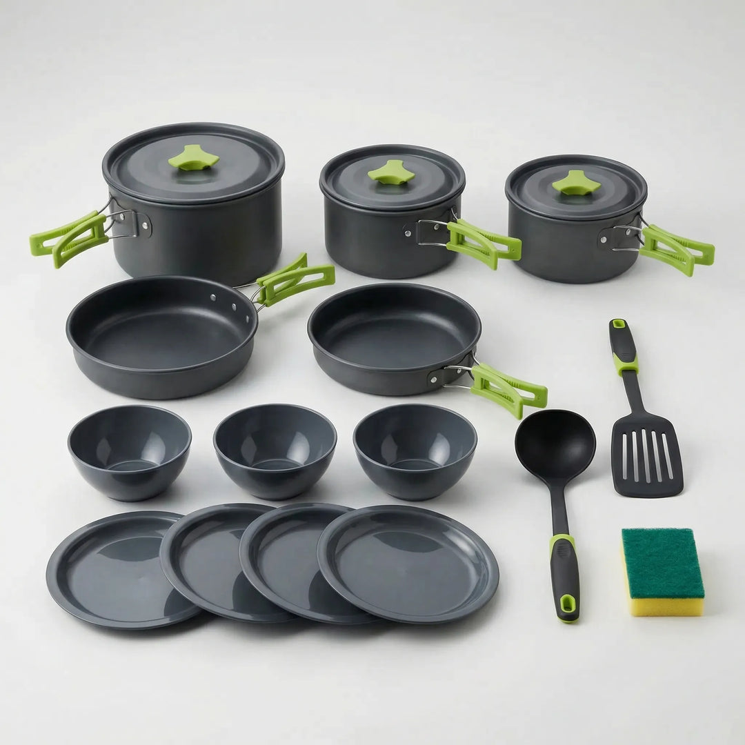 Complete 16-piece camping cookware set including nesting pots, pans, & accessories for outdoor and backpacking meals.