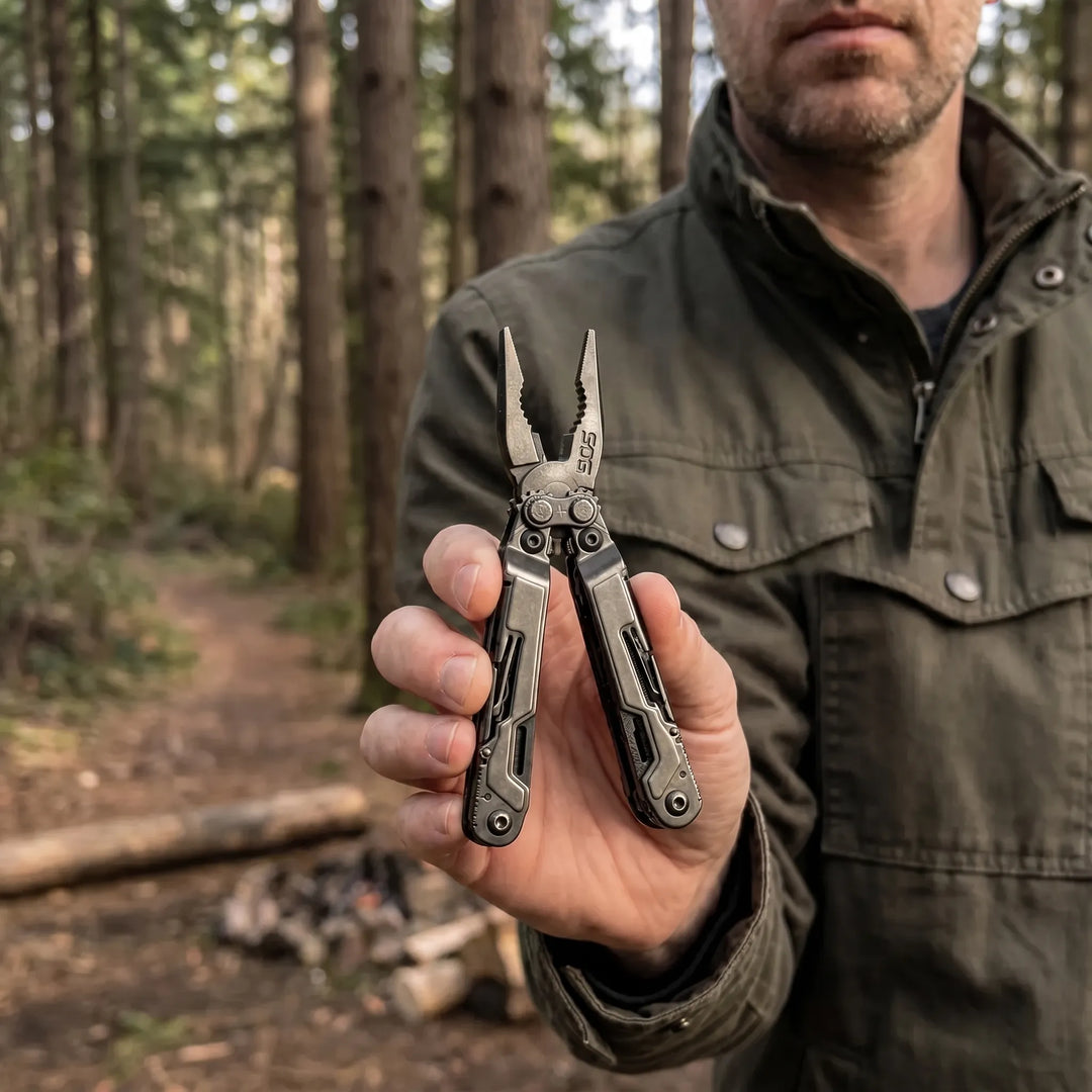 Compact 18-function folding multi-tool pliers. Essential utility for camping, hiking, & everyday carry.