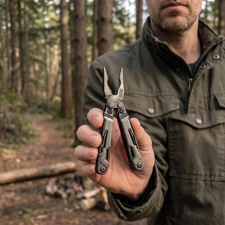 Compact 18-function folding multi-tool pliers. Essential utility for camping, hiking, & everyday carry.