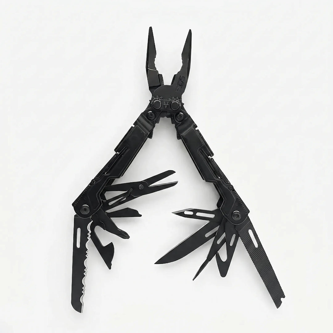 Rugged folding multi-tool pliers for outdoor gear. 18 functions for camping, hiking, and survival utility.