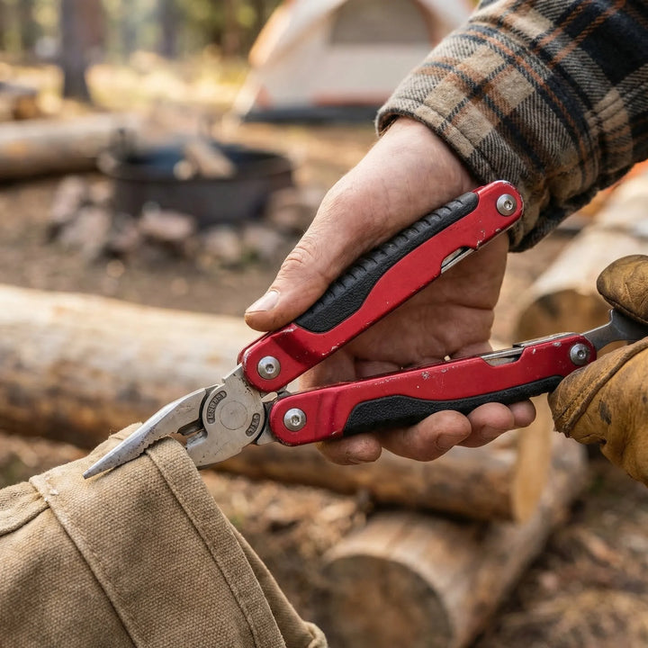 Compact 9-in-1 folding multi-tool for outdoor adventures, camping, hiking, & everyday carry.