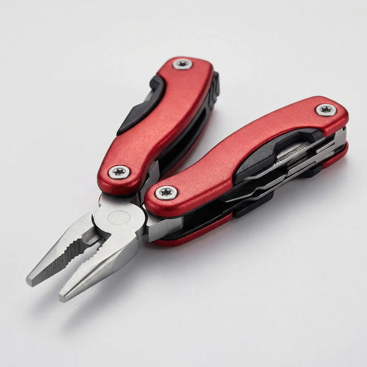Robust 9-in-1 folding multi-tool. Essential compact pocket tool for outdoor, camping, hiking, and survival.