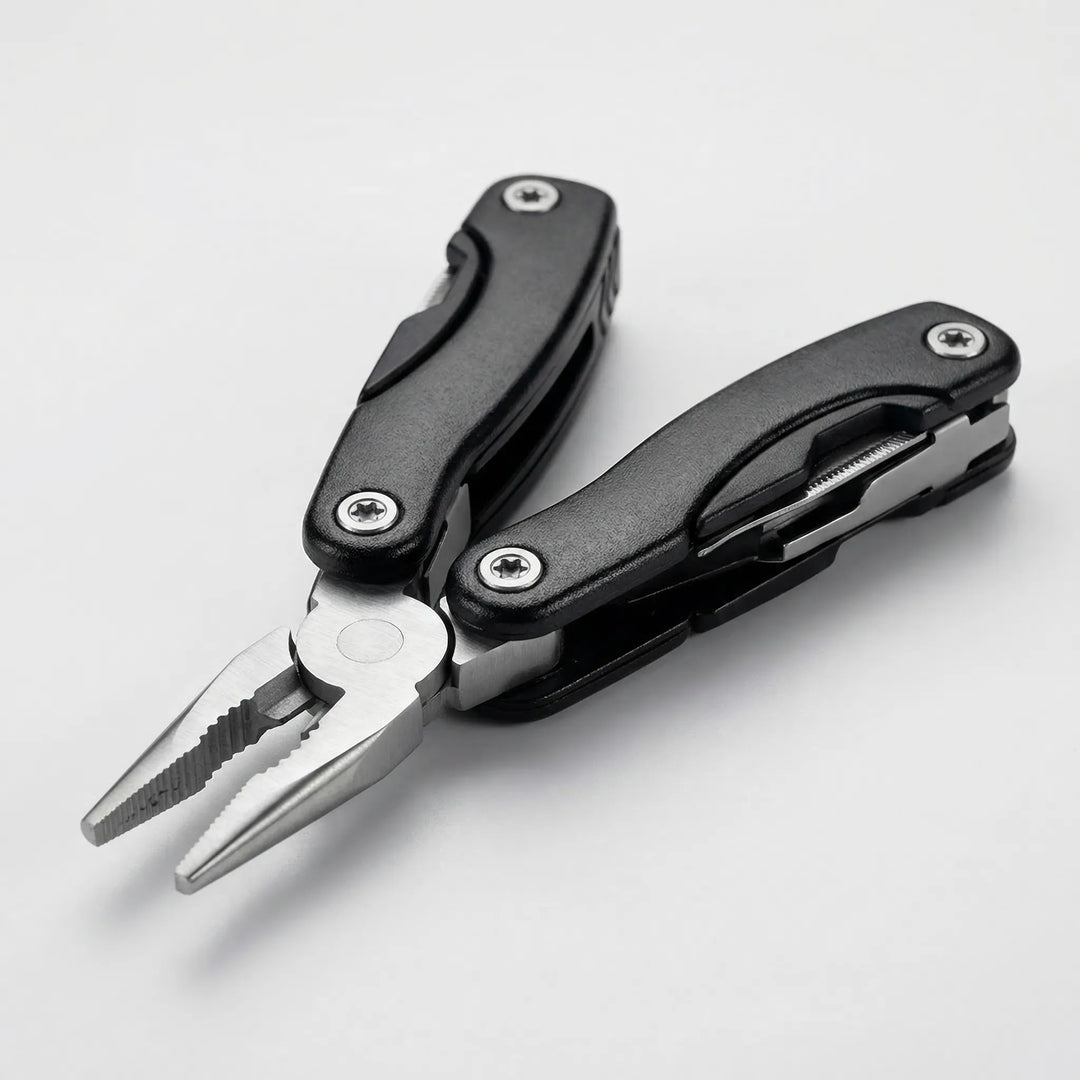 Unisex compact 9-in-1 folding multi-tool for outdoor, camping, hiking, survival, & EDC.