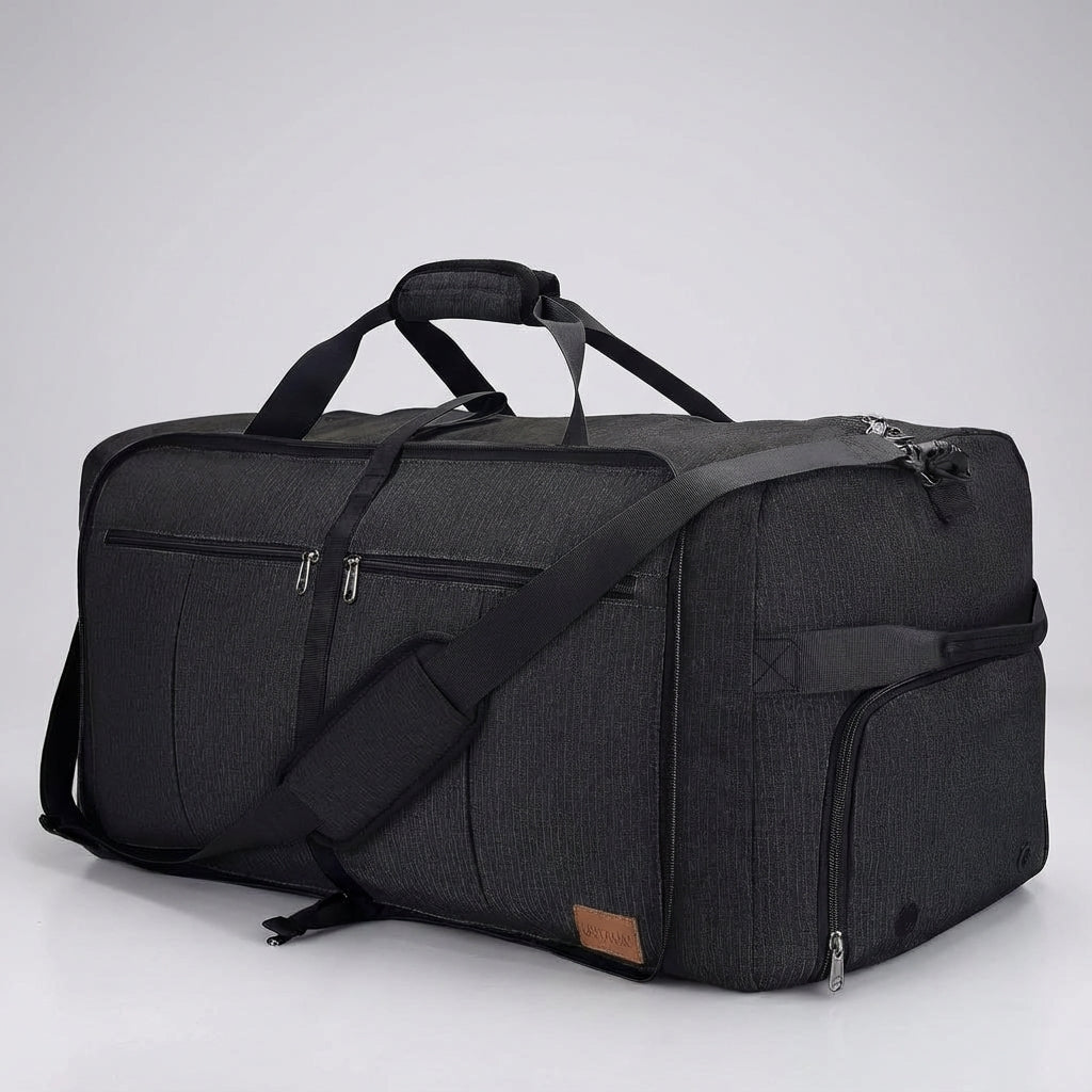 Unisex extra large FlexiHaul foldable duffel bag, open to show spacious interior for travel or gym essentials.