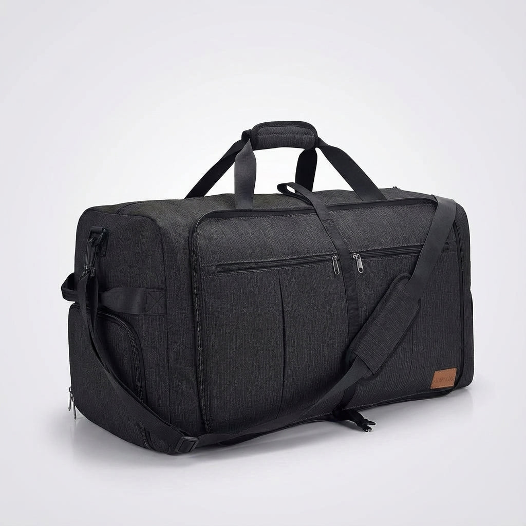 Durable black polyester FlexiHaul foldable travel duffel bag, extra large capacity for luggage and storage.