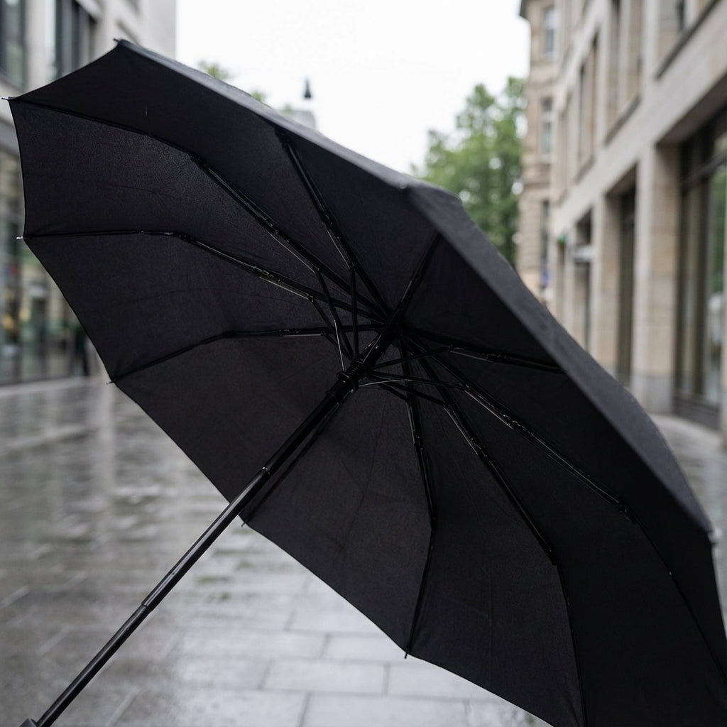 Compact black foldable umbrella with clip-on handle, perfect for portable travel and easy carry.