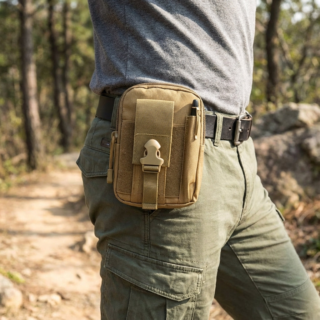 Compact black tactical MOLLE pouch for secure gear carry, attaching to vests or belts. EDC organizer.