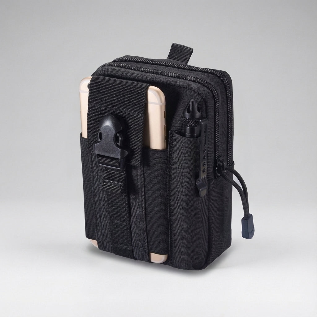 Rugged black tactical MOLLE pouch with secure zipper closure for outdoor adventures and utility organization.
