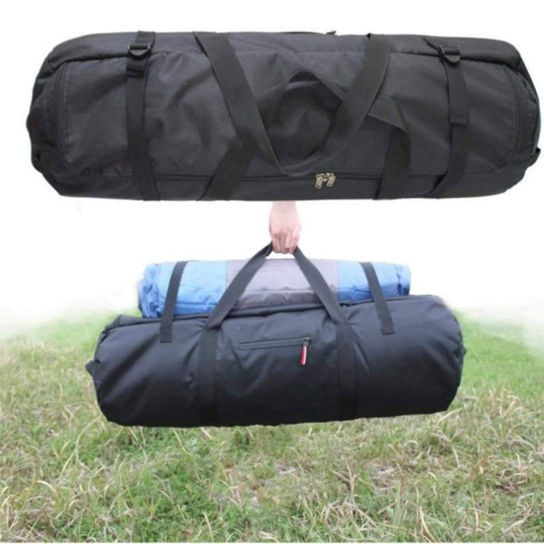 Compact black waterproof tent storage bag, camping gear organizer, durable outdoor travel case