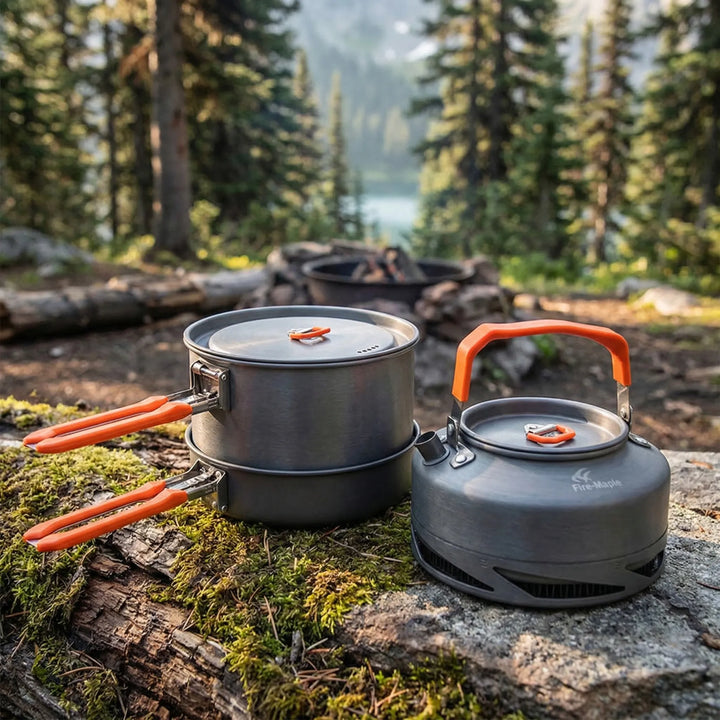 Compact camping cookware set with heat exchanger pot & kettle for efficient outdoor cooking, ideal for backpacking.