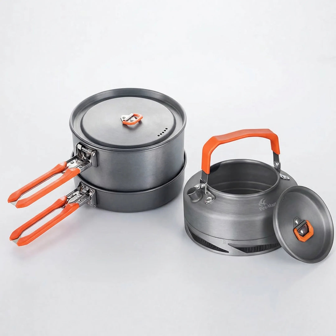 Fuel-efficient nonstick camping pot and kettle set, designed for backpacking, hiking, and outdoor adventure meals.