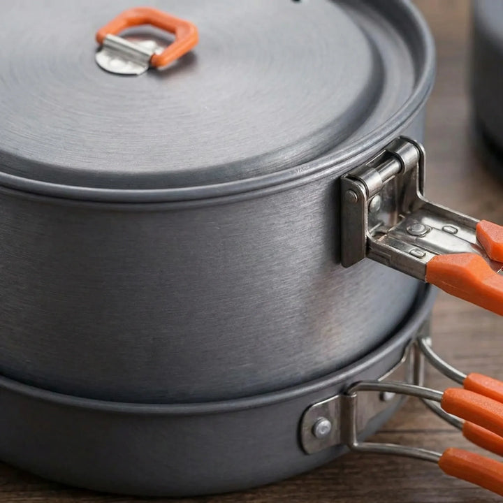 Lightweight heat exchanger camping cookware set; includes pot & kettle for travel, hiking, & outdoor adventures.
