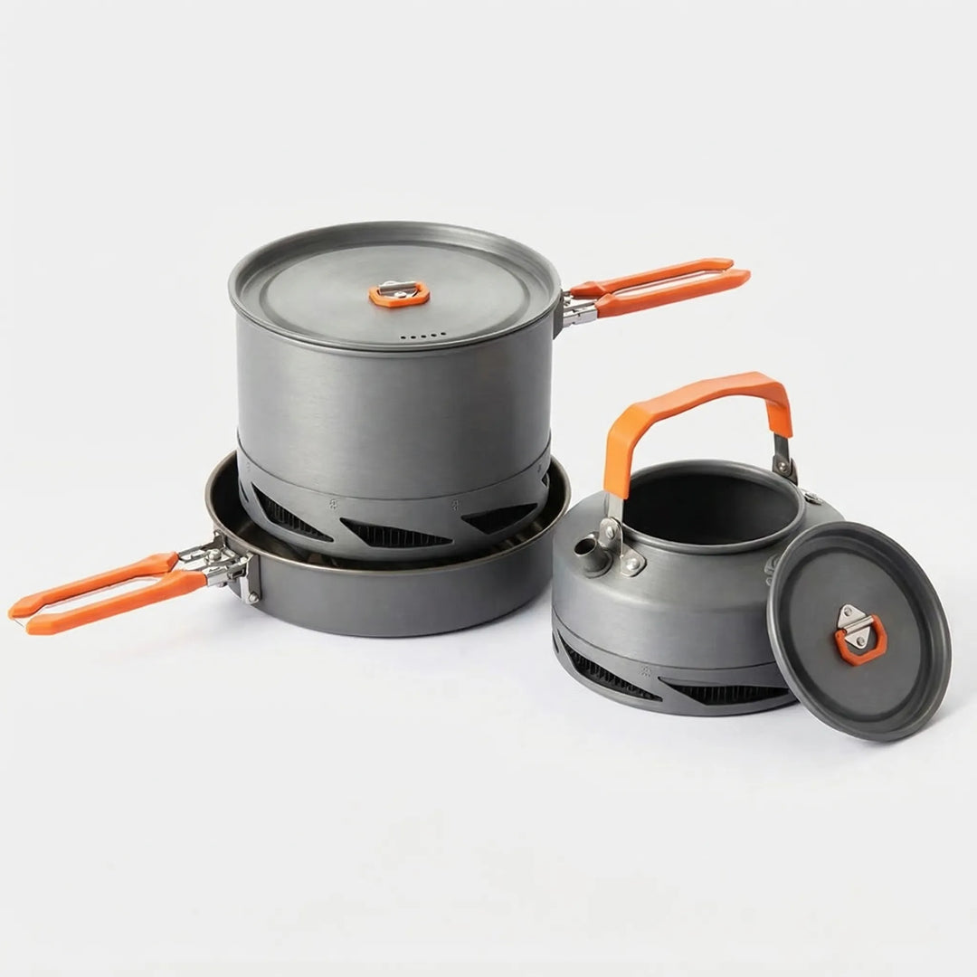 Complete compact camping pot and kettle set with heat exchanger technology, perfect for hiking and outdoor travel.