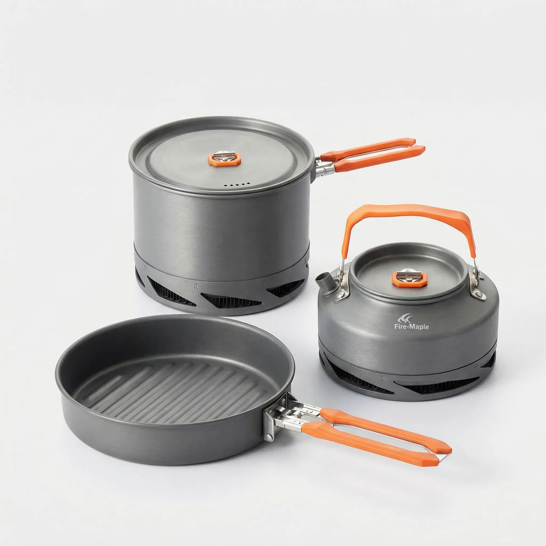 Durable, nonstick camping cookware set with heat exchanger for backpacking & outdoor adventures, includes pot & kettle.