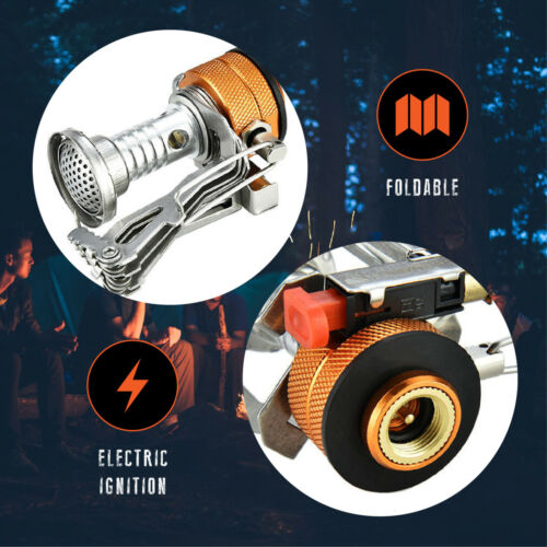 Close-up of compact camping stove, highlighting piezo ignition button and sturdy pot supports for outdoor cooking.