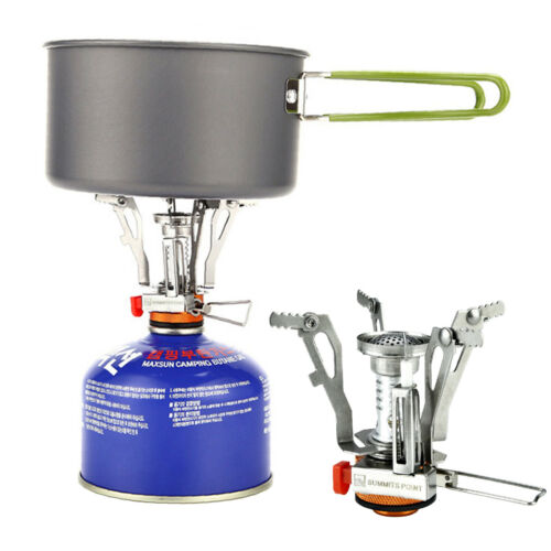 Outdoor cooking gear: a compact backpacking stove featuring piezo ignition and durable construction for reliable use.