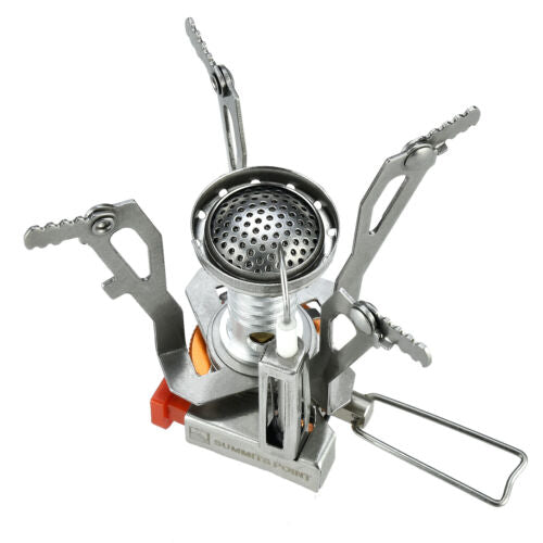 Ultralight portable butane stove for camping, showcasing its compact size and easy-to-use piezo ignition.