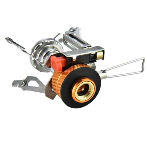 Hiking gear essential: a compact gas stove with piezo ignition, ready for efficient outdoor cooking.