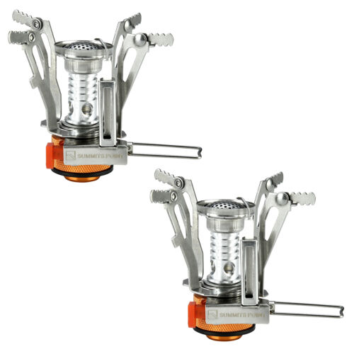 Portable camping burner with piezo ignition, designed for backpackers needing ultralight and efficient outdoor cooking.