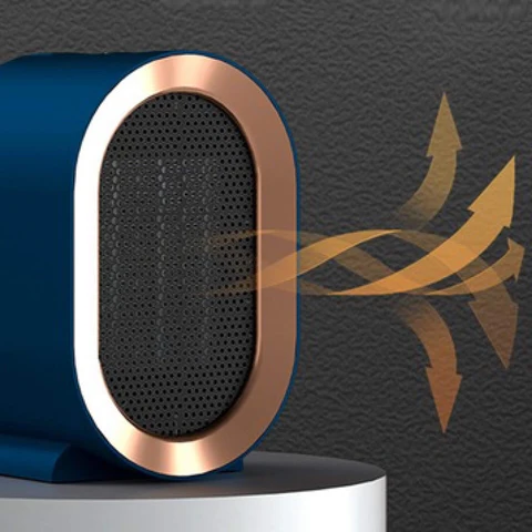 Front view of compact energy-efficient electric space heater, ideal for desk or room.