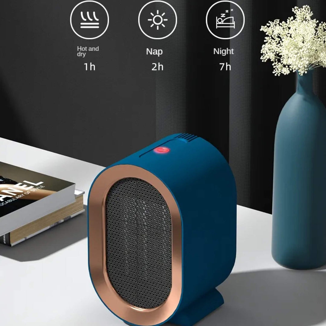 Portable low-energy electric heater warming a small room, energy-efficient home heating solution.