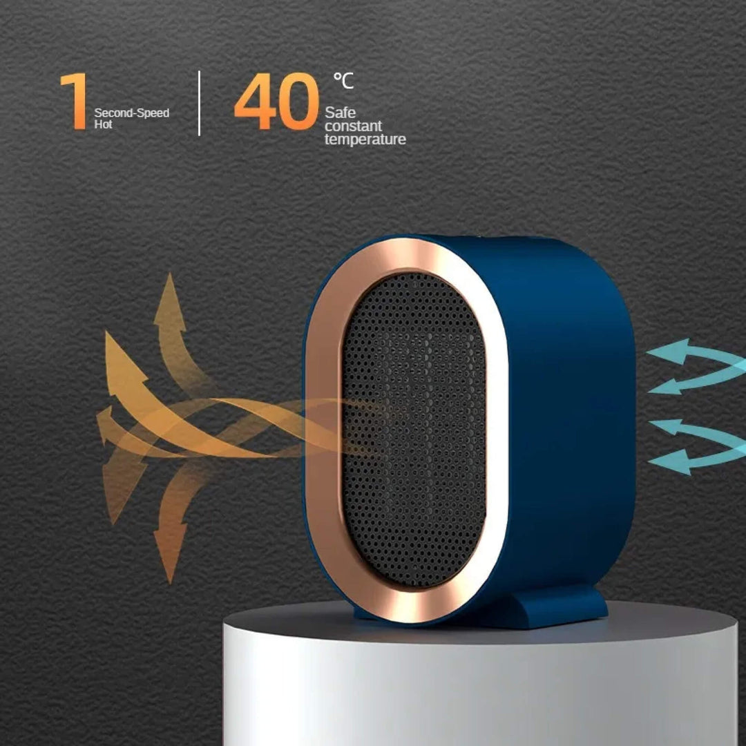 Side profile of a sleek, compact, energy-efficient portable electric heater for personal spaces.