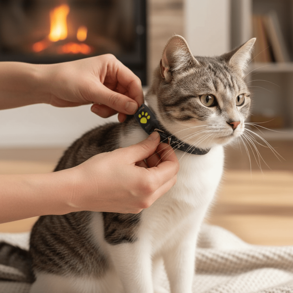 Compact feline GPS tracker for real-time location. No monthly fees, ensures pet safety.