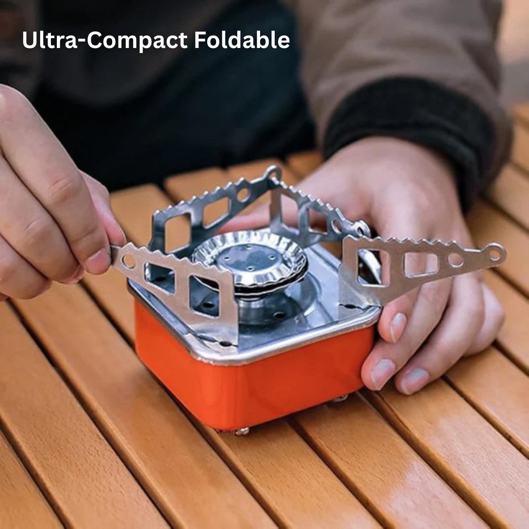 Portable gas burner camping stove, collapsed for easy transport, essential outdoor cooking gear