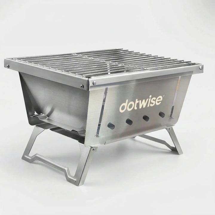 Portable charcoal BBQ grill, easy to fold and set up, ideal for camping and small outdoor gatherings.