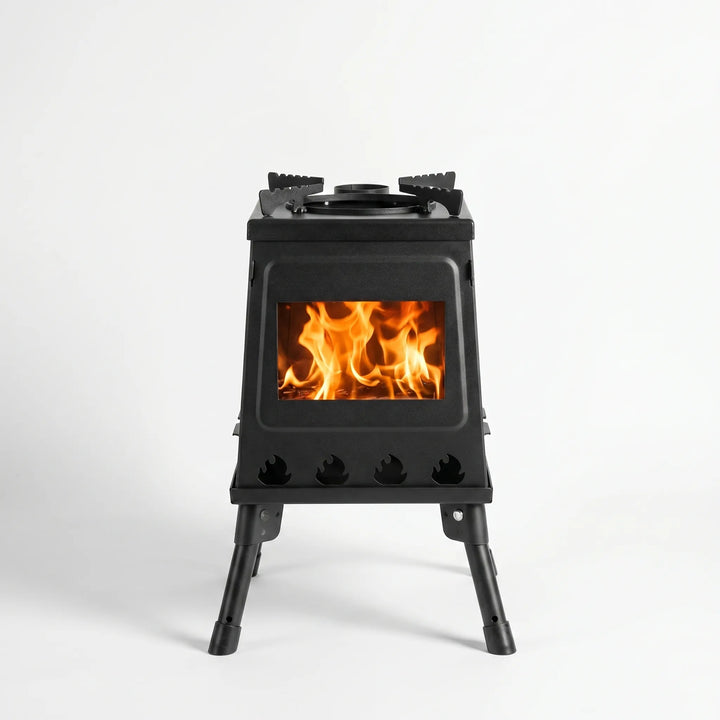 Setup view of a portable folding camping stove for outdoor cooking. Ideal for backcountry meals & camp essentials.