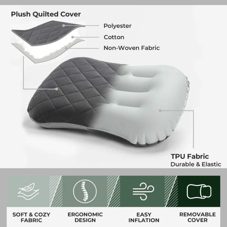Close-up of a compact inflatable camping pillow, showing its soft-touch surface