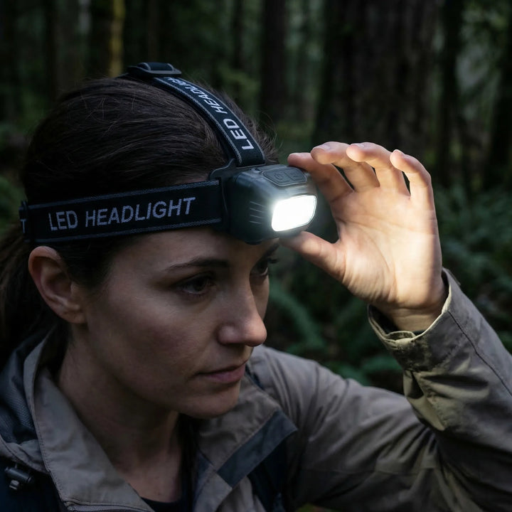 Compact LED headlamp for hands-free outdoor use. Ideal for hiking, camping, and fishing. Rechargeable & portable.
