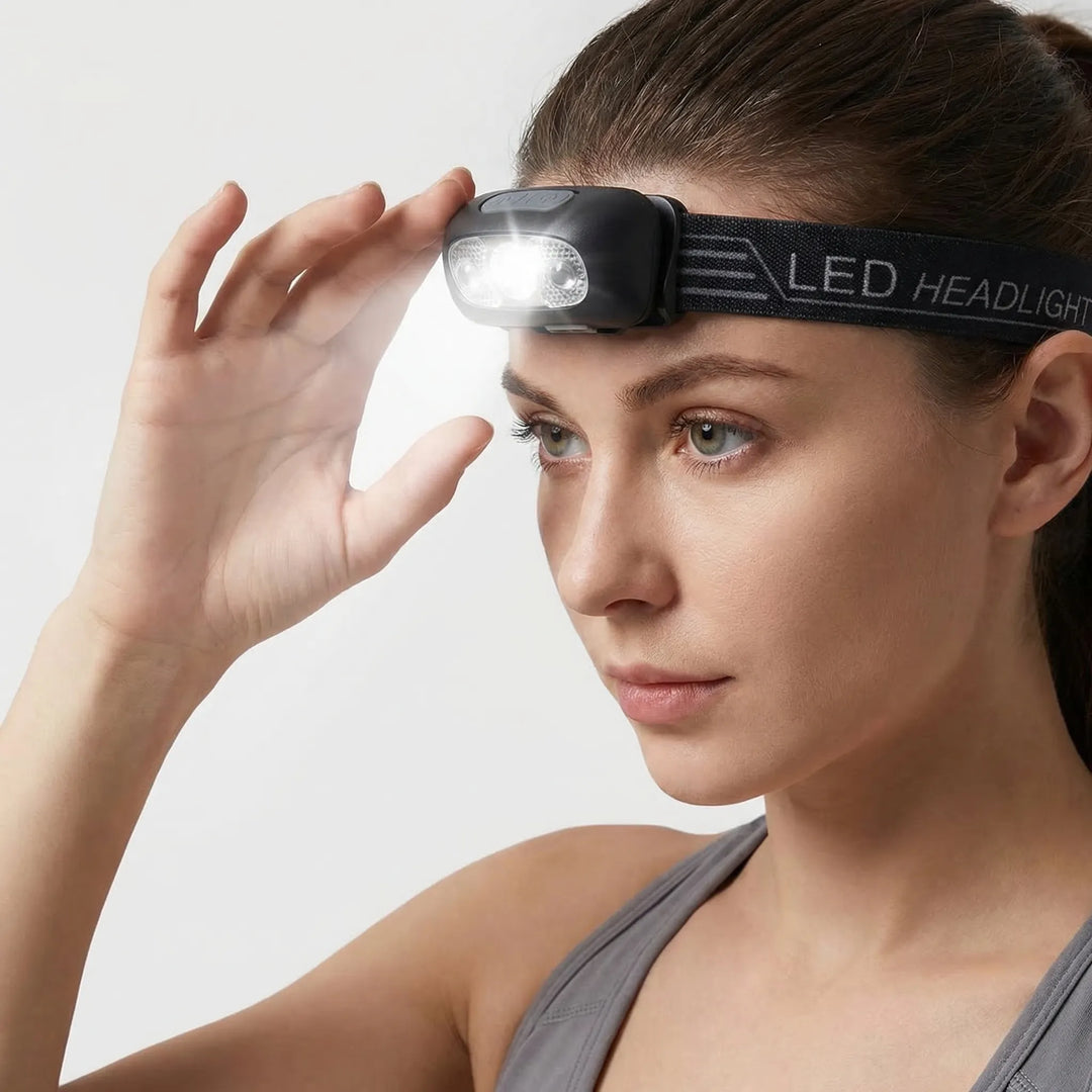 Durable rechargeable LED headlamp for hands-free outdoor activities like fishing, camping, hiking & night running.