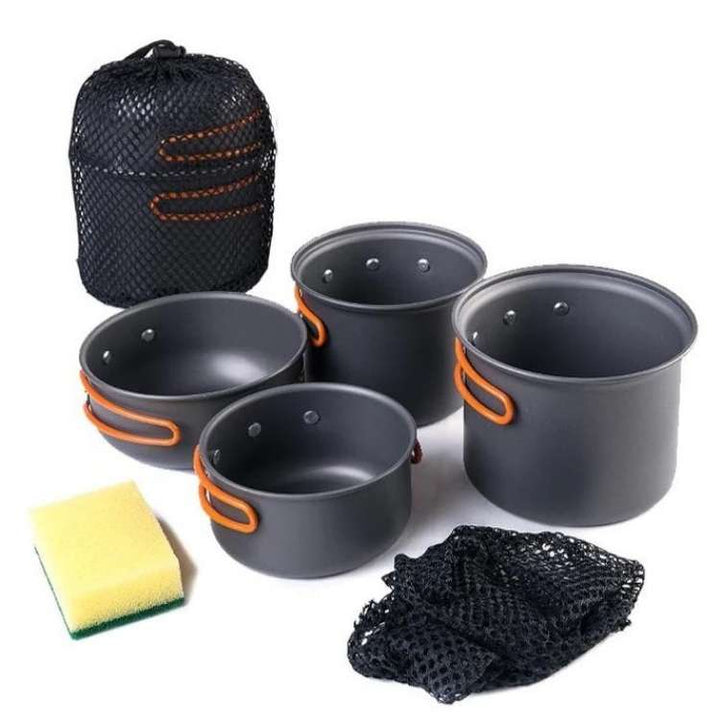 Portable camping kitchen set, durable aluminum pots with foldable handles for hiking and travel
