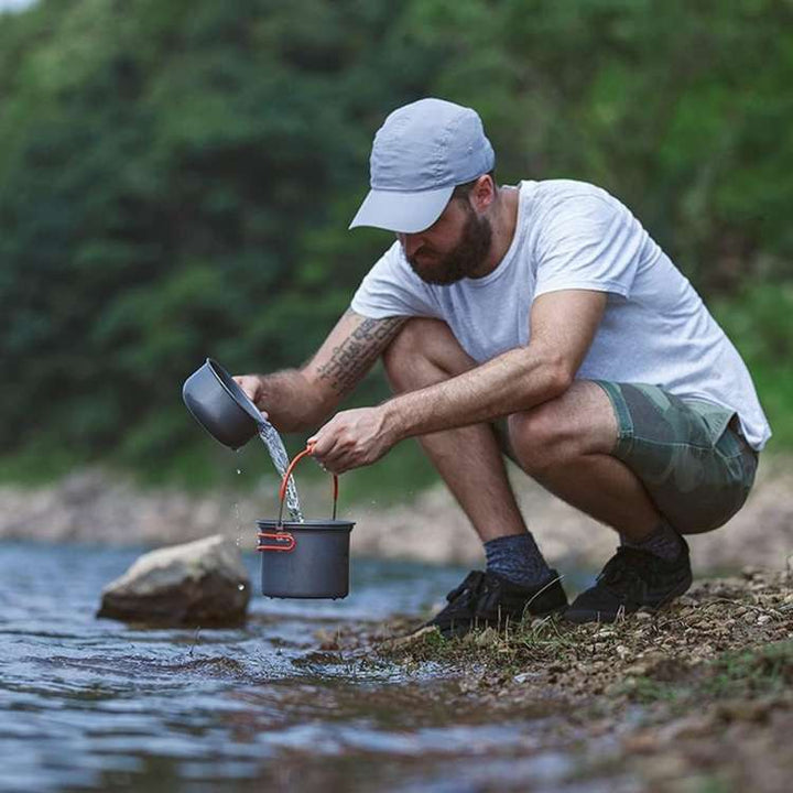 Lightweight outdoor cookware kit, stainless steel nesting design, ideal for camping and backpacking